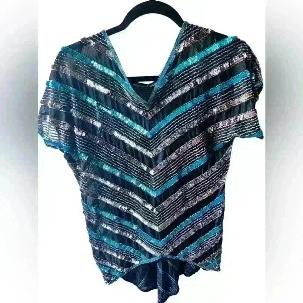 Vintage 80s Core Silk Sequin Top Black Silver Blue No Tag Size 10-12 See Desc